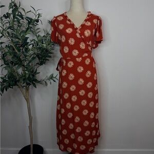 Madewell Rust Red Floral Wrap Midi Dress with Cream Daisy Print